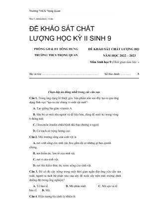 Đề khảo sát chất lượng học kỳ II năm học 2022-2023 môn Sinh học Lớp 9 - Trường THCS Trọng Quan