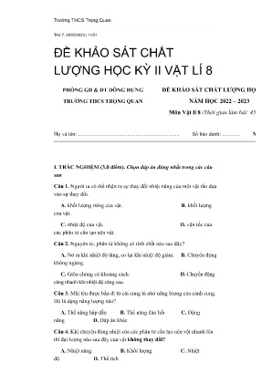 Đề khảo sát chất lượng học kỳ II năm học 2022-2023 môn Vật Lí Lớp 8 - Trường THCS Trọng Quan