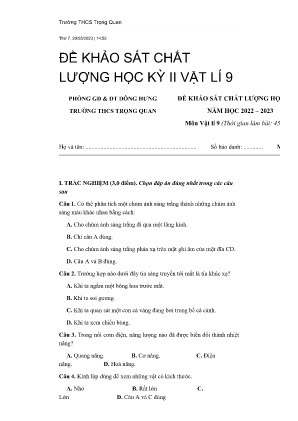 Đề khảo sát chất lượng học kỳ II năm học 2022-2023 môn Vật Lí Lớp 9 - Trường THCS Trọng Quan
