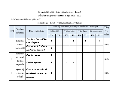 Đề khảo sát giữa học kỳ 2 năm học 2022-2023 môn Toán Lớp 7 - Đề số 2 - Trường THCS Trọng Quan (Có lời giải)