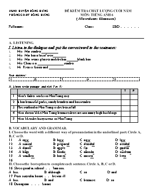 Đề kiểm tra chất lượng cuối năm môn Tiếng Anh Lớp 6 - Phòng GD&ĐT Đông Hưng (Có đáp án)