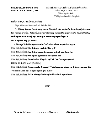 Đề kiểm tra chất lượng đầu năm môn Ngữ Văn Lớp 8 năm học 2021-2022 - Trường THCS Trọng Quan (Có đáp án)