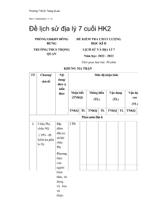 Đề kiểm tra chất lượng học kỳ II năm học 2022-2023 môn Lịch sử & Địa lí Lớp 7 - Trường THCS Trọng Quan (Có đáp án)