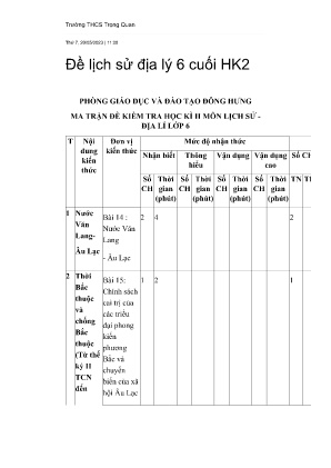 Đề kiểm tra cuối học kỳ II năm học 2022-2023 môn Lịch sử & Địa lí Lớp 6 - Trường THCS Trọng Quan (Có đáp án)