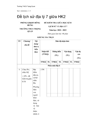 Đề kiểm tra giữa học kỳ II môn Lịch sử & Địa lí Lớp 7 năm học 2022-2023 - Trường THCS Trọng Quan (Có đáp án)