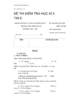 Đề thi kiểm tra học kì II môn Tin Học Lớp 8 năm học 2021-2022 - Trường THCS Trọng Quan (Có đáp án)