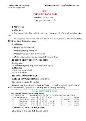 Kế hoạch bài dạy Tin Học Lớp 7 - Bài 9: Trình bày bảng tính - Nguyễn Thị Thanh Tâm