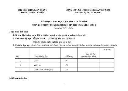 Kế hoạch dạy học môn Giáo dục địa phương Khối Lớp 8 năm học 2023-2024 Trường THCS Liên Giang