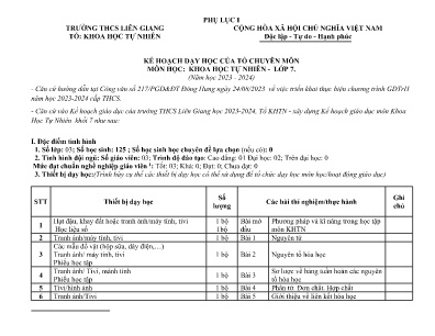 Kế hoạch dạy học môn Khoa Học Tự Nhiên Lớp 7 năm học 2023-2024 - Trường THCS Liên Giang