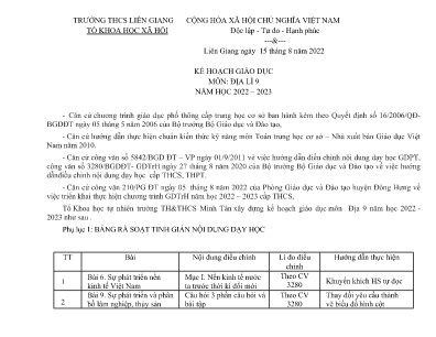 Kế hoạch giáo dục môn Địa Lí Lớp 9 - Năm học 2022-2023 - Trường THCS Liên Giang