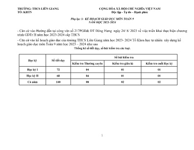Kế hoạch giáo dục môn Toán Lớp 9 năm học 2023-2024 - Trường THCS Liên Giang