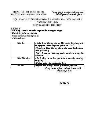 Nội dung và tiêu chí đánh giá bài kiểm tra cuối học kỳ 2 năm học 2023-2024 môn Giáo Dục Thể Chất - Trường THCS Phong Huy Lĩnh
