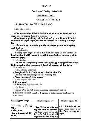 Kế hoạch bài dạy môn Âm Nhạc 1 - Tuần 17: Ôn tập cuối học kì I (NH 2023-2024)(GV: Trần Thị Thanh Tình)