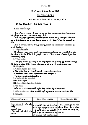 Kế hoạch bài dạy môn Âm Nhạc 1 - Tuần 18: Kiểm tra đánh giá cuối học kì I (NH 2023-2024)(GV: Trần Thị Thanh Tình)
