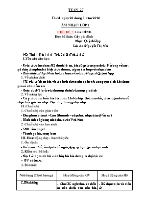 Kế hoạch bài dạy môn Âm Nhạc 1 - Tuần 27, Chủ đề 7: Gia đình. Học bài hát: Cây gia đình (NH 2023-2024)(GV: Trần Thị Thanh Tình)