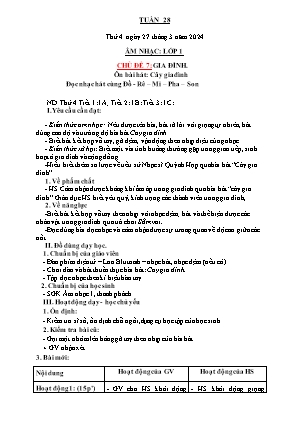 Kế hoạch bài dạy môn Âm Nhạc 1 - Tuần 28, Chủ đề 7: Gia đình. Ôn bài hát: Cây gia đình. Đọc nhạc: Hát cùng Đồ-rê-mi-pha-son (NH 2023-2024)(GV: Trần Thị Thanh Tình)