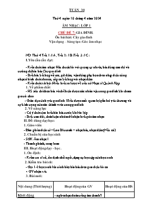 Kế hoạch bài dạy môn Âm Nhạc 1 - Tuần 30, Chủ đề 7: Gia đình. Ôn bài hát: Cây gia đình. Vận dụng Sáng tạo: Góc âm nhạc (NH 2023-2024)(GV: Trần Thị Thanh Tình)