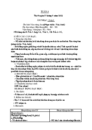 Kế hoạch bài dạy môn Âm nhạc 1 - Tuần 4 (NH 2023-2024)(GV: Trần Thị Thanh Tình)
