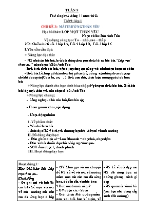 Kế hoạch bài dạy môn Âm Nhạc 1 - Tuần 9, Tiết 9: Học bài hát: Lớp một thân yêu. Vận dụng sáng tạo: To-nhỏ, cao-thấp (NH 2023-2024)(GV: Trần Thị Thanh Tình)