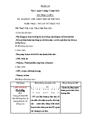 Kế hoạch bài dạy môn Âm Nhạc 2 - Tuần 14: Ôn bài hát: Chú chim nhỏ dễ thương. Nghe nhạc: Múa sư tử thật vui (NH 2023-2024)(GV: Trần Thị Thanh Tình)