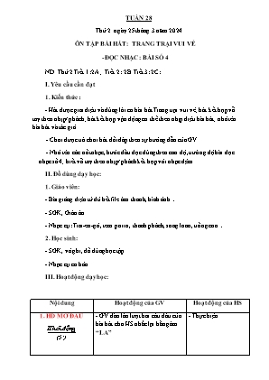 Kế hoạch bài dạy môn Âm nhạc 2 - Tuần 28: Ôn tập bài hát: Trang trại vui vẻ. Đọc nhạc: Bài số 4 (NH 2023-2024)(GV: Trần Thị Thanh Tình)
