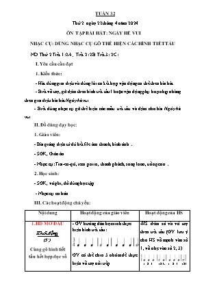 Kế hoạch bài dạy môn Âm nhạc 2 - Tuần 32: Ôn tập bài hát: Ngày hè vui. Nhạc cụ: Dùng nhạc cụ gõ thể hiện các hình tiết tấu (NH 2023-2024)(GV: Trần Thị Thanh Tình)