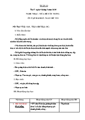 Kế hoạch bài dạy môn Âm nhạc 2 - Tuần 33: Nghe nhạc: Mùa hè ước mong. Ôn tập bài hát: Ngày hè vui (NH 2023-2024)(GV: Trần Thị Thanh Tình)