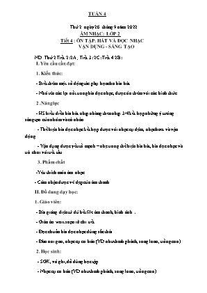 Kế hoạch bài dạy môn Âm Nhạc 2 - Tuần 4, Tiết 4: Ôn tập: Hát và đọc nhạc. Vận dụng Sáng tạo (NH 2022-2023)(GV: Trần Thị Thanh Tình)