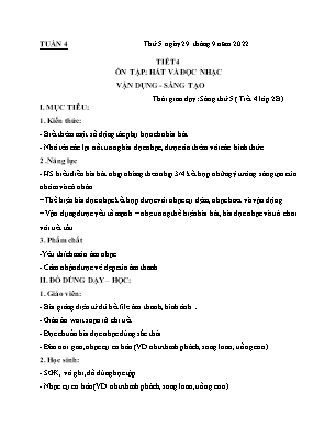 Kế hoạch bài dạy môn Âm Nhạc 2 - Tuần 4, Tiết 4: Ôn tập: Hát và đọc nhạc. Vận dụng - Sáng tạo (NH 2022-2023)(GV: Lê Thị Nga)
