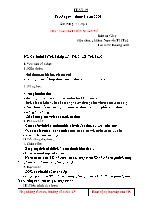 Kế hoạch bài dạy môn Âm nhạc 3 - Tuần 19: Học bài hát: Đón xuân về (NH 2023-2024)(GV: Trần Thị Thanh Tình)