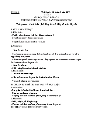 Kế hoạch bài dạy môn Âm Nhạc 3 - Tuần 3, Tiết 3: Ôn TĐN số 1. Thường thức âm nhạc dàn trống dân tộc (NH 2022-2023)(GV: Lê Thị Nga)