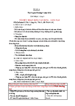 Kế hoạch bài dạy môn Âm nhạc 3 - Tuần 4: Tổ chức hoạt động Vận dụng - Sáng tạo (NH 2023-2024)(GV: Trần Thị Thanh Tình)