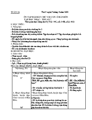 Kế hoạch bài dạy môn Âm Nhạc 4 - Tuần 26, Bài: Ôn tập bài hát: Chú voi con ở Bản Đôn. TĐN số 7 (NH 2021-2022)(GV: Lê Thị Nga)