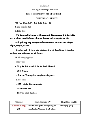 Kế hoạch bài dạy môn Âm nhạc Lớp 2 - Tuần 24, Tiết 24: Ôn bài hát: Mẹ ơi có biết. Nghe nhạc: Ru con (NH 2023-2024)(GV: Trần Thị Thanh Tình)