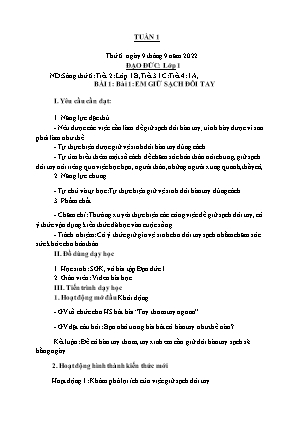 Kế hoạch bài dạy môn Đạo Đức 1 - Tuần 1, Bài 1: Em giữ sạch đôi tay (NH 2022-2023)(GV: Trần Thị Thanh Tình)
