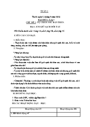 Kế hoạch bài dạy môn Đạo Đức 1 - Tuần 1: Chủ đề 1, Bài 1: Em giữ sạch đôi tay (NH 2023-2024)(GV: Trần Thị Thanh Tình)