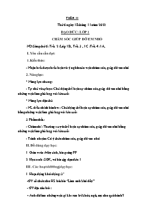 Kế hoạch bài dạy môn Đạo Đức 1 - Tuần 11, Bài: Chăm sóc giúp đỡ em nhỏ (NH 2022-2023)(GV: Trần Thị Thanh Tình)