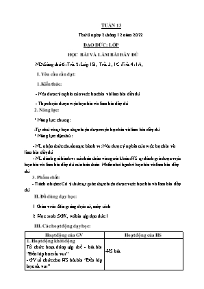 Kế hoạch bài dạy môn Đạo Đức 1 - Tuần 13, Bài: Học bài và làm bài đầy đủ (NH 2022-2023)(GV: Trần Thị Thanh Tình)