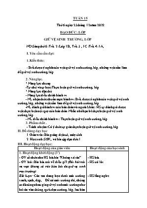 Kế hoạch bài dạy môn Đạo Đức 1 - Tuần 15, Bài: Giữ vệ sinh trường, lớp (NH 2022-2023)(GV: Trần Thị Thanh Tình)