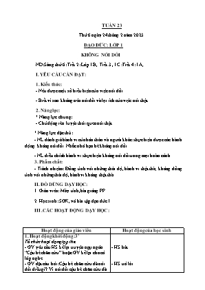 Kế hoạch bài dạy môn Đạo Đức 1 - Tuần 23, Bài: Không nói dối (NH 2022-2023)(GV: Trần Thị Thanh Tình)