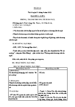 Kế hoạch bài dạy môn Đạo Đức 1 - Tuần 31, Bài: Phòng, tránh thương tích do ngã (NH 2022-2023)(GV: Trần Thị Thanh Tình)