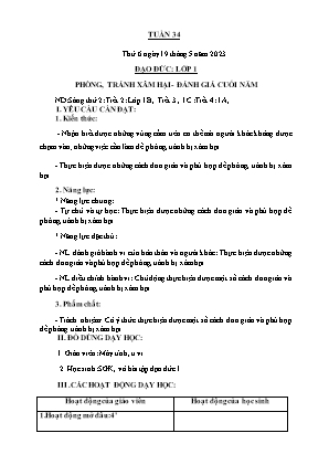 Kế hoạch bài dạy môn Đạo Đức 1 - Tuần 34, Bài: Phòng, tránh xâm hại. Đánh giá cuối năm (NH 2022-2023)(GV: Trần Thị Thanh Tình)