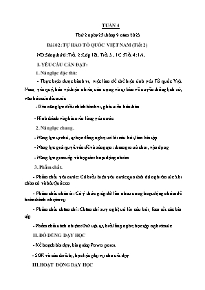 Kế hoạch bài dạy môn Đạo Đức 1 - Tuần 4, Bài 02: Tự hào Tổ quốc Việt Nam (Tiết 2) (NH 2023-2024)(GV: Trần Thị Thanh Tình)