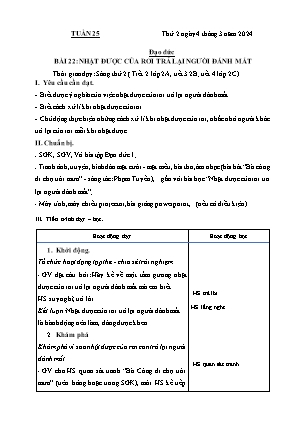 Kế hoạch bài dạy môn Đạo Đức 1+2, Âm Nhạc 4+5 - Tuần 25 (NH 2023-2024)(GV: Lê Thị Nga)