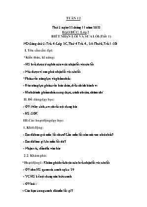 Kế hoạch bài dạy môn Đạo Đức 2 - Tuần 12, Bài: Biết nhận lỗi và sửa lỗi (Tiết 1) (NH 2022-2023)(GV: Trần Thị Thanh Tình)