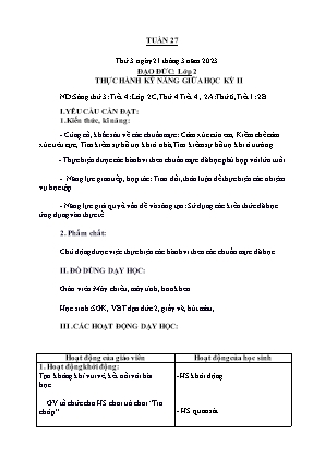 Kế hoạch bài dạy môn Đạo Đức 2 - Tuần 27, Bài: Thực hành Kỹ năng giữa học kì II (NH 2022-2023)(GV: Trần Thị Thanh Tình)