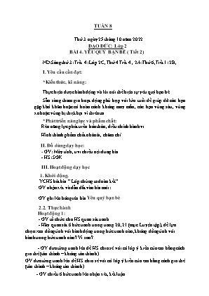 Kế hoạch bài dạy môn Đạo Đức 2 - Tuần 8, Bài 4: Yêu quý bạn bè (Tiết 2) (NH 2022-2023)(GV: Trần Thị Thanh Tình)