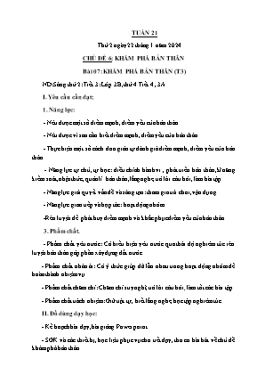 Kế hoạch bài dạy môn Đạo Đức 3 - Tuần 21, Chủ đề 6, Bài 07: Khám phá bản thân (Tiết 3) (NH 2023-2024)(GV: Trần Thị Thanh Tình)