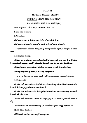 Kế hoạch bài dạy môn Đạo Đức 3 - Tuần 22, Chủ đề 6, Bài 07: Khám phá bản thân (Tiết 4) (NH 2023-2024)(GV: Trần Thị Thanh Tình)