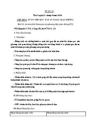 Kế hoạch bài dạy môn Đạo Đức 3 - Tuần 32, Chủ đề 8, Bài 10: An toàn khi tham gia các phương tiện giao thông (Tiết 2) (NH 2023-2024)(GV: Trần Thị Thanh Tình)